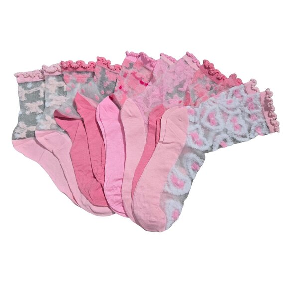 NIP | 6 Pair Pink Sheer Mesh Ruffle Top Bow Detail Ankle Socks Sock Bundle | Siz - Picture 1 of 2
